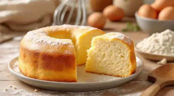 Un délicieux gâteau sans lait, saupoudré de sucre glace, avec une part coupée. Des œufs et de la farine sont visibles en arrière-plan.