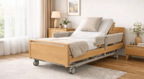 Lit médicalisé gratuit en bois clair, avec barrières de sécurité et roulettes. Confort et praticité pour un repos optimal.