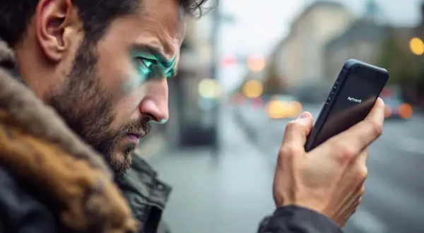 Un homme regarde son téléphone, ses yeux brillent d'une lumière bleue. Le téléphone affiche "Netfront", mais il est non enregistré sur le réseau Samsung.