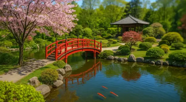 Ein malerischer japanischer Garten in Breslau mit Kirschblüten, einem roten Brückenbogen über einem Teich mit Koi und einem Pavillon.