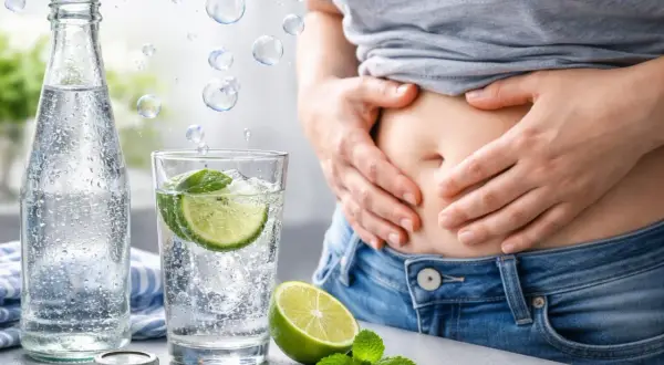 Une personne tient son ventre gonflé, à côté d'une bouteille et d'un verre d'eau gazeuse avec du citron et de la menthe. L'eau gazeuse peut parfois causer des gaz intestinaux.
