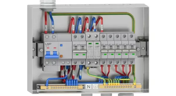 Zabezpieczona instalacja elektryczna w garażu: skrzynka z wyłącznikami, bezpiecznikami i listwami zaciskowymi.