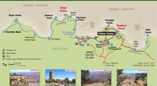Karte des Grand Canyon South Rim mit Aussichtspunkten wie Mather Point, Hopi Point & Hermits Rest. Hier finden Sie Grand Canyon Tipps für Ihre Reise.