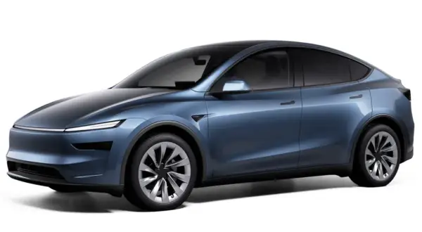 Niebieska Tesla Model Y, kiedy nowa, lśni w słońcu, gotowa na przygodę.