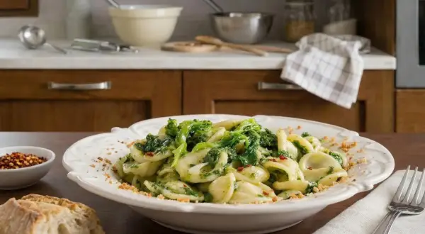 Piatto di orecchiette cime di rapa, condite con peperoncino e pangrattato, su un tavolo di legno.
