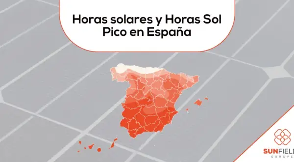 Mapa de España con zonas coloreadas que indican las horas solares pico. Las tablas de horas solares pico España muestran la radiación solar recibida.