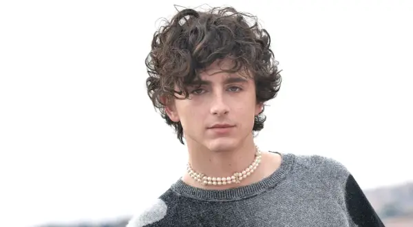 Timothée Chalamet, avec sa coupe bouclée iconique, porte un collier de perles et un pull gris.
