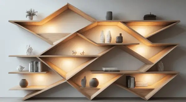 A modern, geometric wooden bookshelf with integrated lighting, showcasing decorative items. This design offers inspiration for how to build wall shelves with a unique, artistic flair.