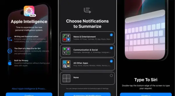 Écrans de configuration d'Apple Intelligence : présentation, choix de résumé des notifications et saisie pour Siri.