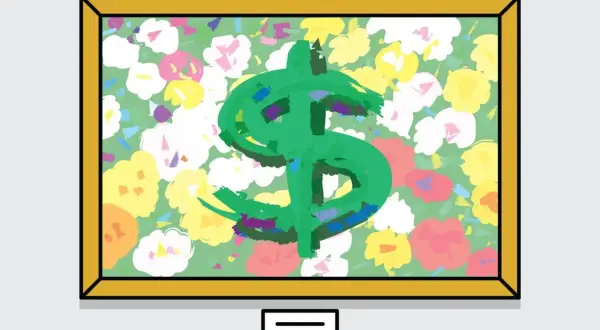 A painting of a green dollar sign on a floral background, framed in gold. This artwork reflects current art market trends, where symbols of wealth are often juxtaposed with nature.