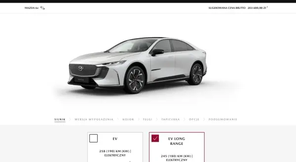 Nowa Mazda 6e w wersji EV Long Range, elektryczna, z mocą 245 KM, cena 203 600 zł.