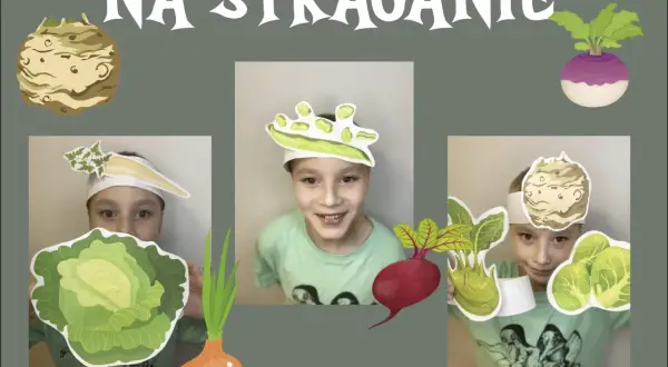 Dzieci w strojach warzywnych, jak na straganie, z kartami pracy.