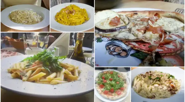 Przegląd dań z trattoria toscana menu: spaghetti, penne w sosie serowym, pizza z bakłażanem, penne z rukolą, pizza z rukolą i pomidorkami, tagliatelle.