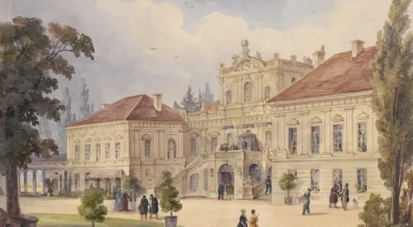 Elegancki pałac, być może rezydencja Czartoryskich, z ludźmi spacerującymi po dziedzińcu.