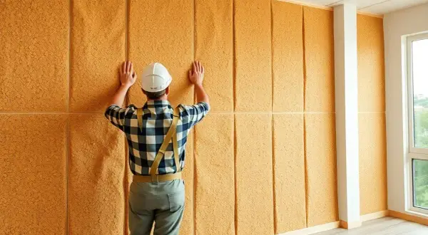 Pose d'une isolation mur intérieur en liège. Avis : ce matériau est idéal pour une bonne acoustique.