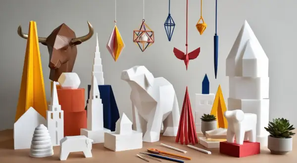 Idée déco avec du polystyrène : sculptures géométriques d'animaux, de bâtiments et de formes abstraites, créant un univers ludique et moderne.