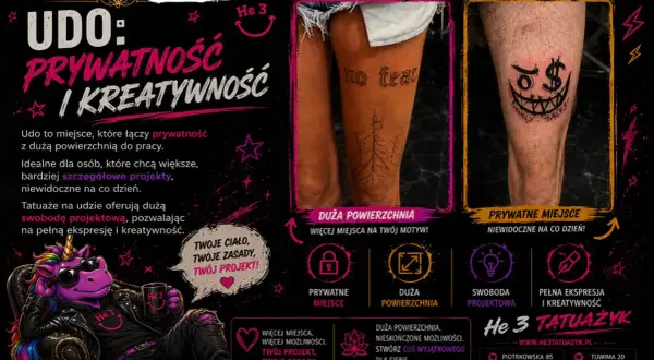Męski tatuaż na łydce z uśmiechniętą twarzą i dolarem. Prywatne miejsce na tatuaż, idealne na duży projekt.