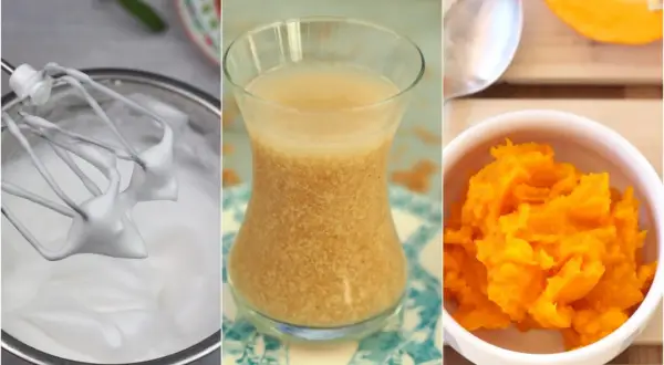 Trzy zdjęcia: ubita śmietana, napój w szklance, puree z dyni.