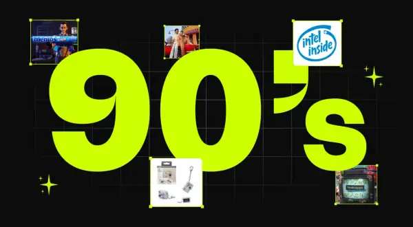 A vibrant 90s design featuring the number "90's" in neon green. Small images of a Mentos ad, a couple by a car, an Intel Inside logo, a digital camera, and a Neutrogena ad evoke the era.