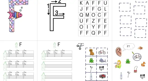 Arbeitsblatt für den **Buchstabe F Grundschule**: bunter Fisch am großen F, Schreibübung, Buchstabensalat, Bilderrätsel.