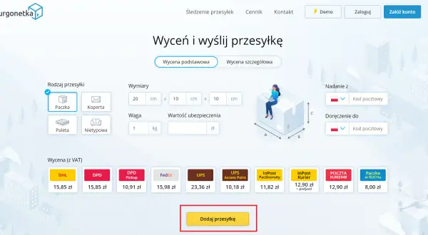 Formularz do wyceny i wysyłki paczki do Czech. Wybierz rodzaj przesyłki, podaj wymiary i wagę, a następnie wybierz przewoźnika.