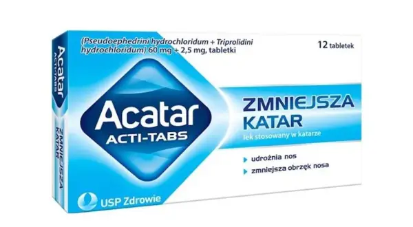 Opakowanie leku Acatar ACTI-TABS, który zmniejsza katar. To antagonista objawów przeziębienia, przywracający komfort oddychania.