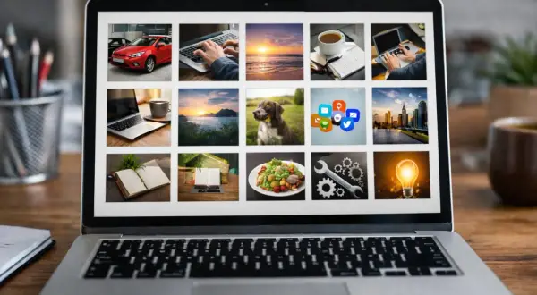 Laptop wyświetla galerię grafik na stronę internetową: samochód, praca przy komputerze, zachód słońca, kawa, pies, ikony mediów społecznościowych, miasto, książki, jedzenie, narzędzia, żarówka.