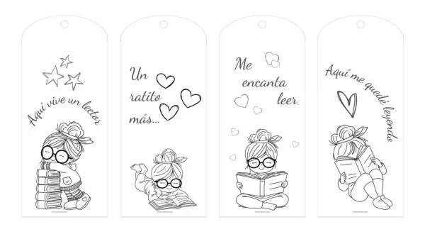 Marcapaginas día del libro para colorear: niñas leyendo, abrazando libros, soñando con estrellas. ¡Perfectos para crear tus propios diseños!