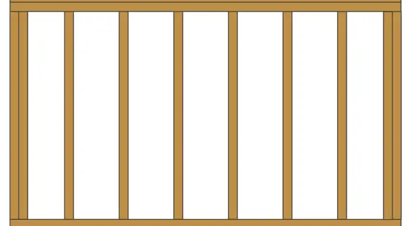Diagram showing wall framing with top and bottom plates. The label "stud spacing" indicates the distance between the vertical studs.