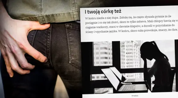 Dłoń na jeansach, tekst o prowokacji i #metoo. To obraz, który porusza temat molestowania.