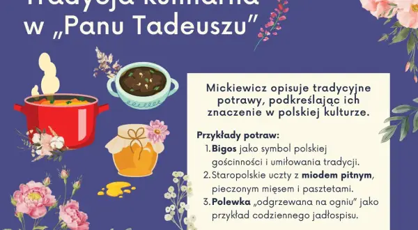 Ilustracja przedstawia garnek z gotującym się jedzeniem, miseczkę z potrawką i słoik miodu, otoczone kwiatami.