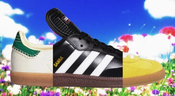 Tre versioni di Adidas Samba, un'icona di stile, su uno sfondo fiorito. La loro storia continua.
