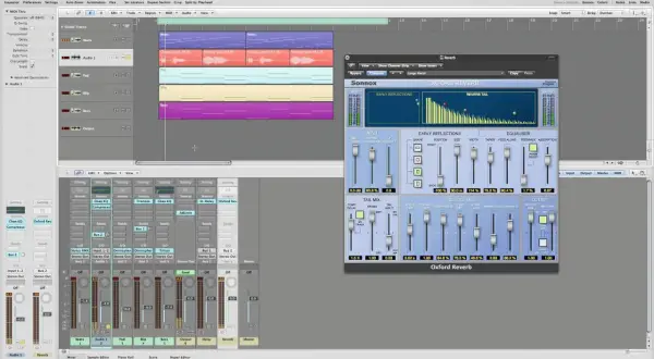 Wtyczka Oxford Reverb w Logic Pro. Pokazuje ustawienia pogłosu, jak uzyskać efekt reverb.