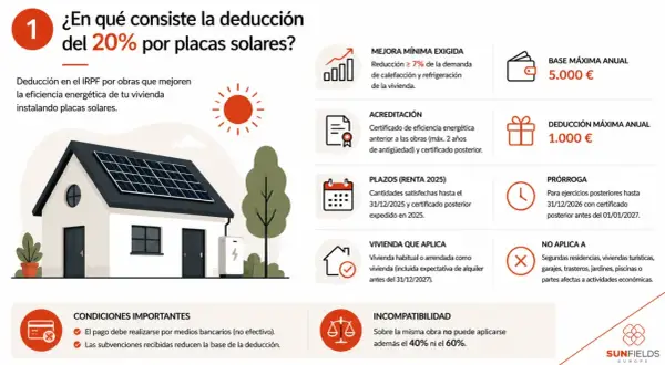 Una casa con placas solares, con información sobre la deducción del 20% en el IRPF. Si pongo placas solares, puedo obtener beneficios fiscales.