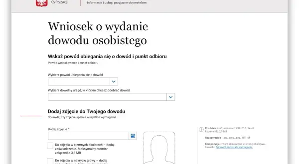 Formularz wniosku o nowy dowód osobisty. Wybierz powód, urząd odbioru i dodaj zdjęcie.