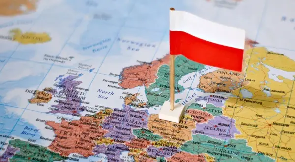 Flaga Polski na mapie Europy.