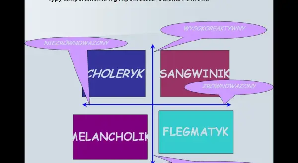 Diagram typów temperamentu: choleryk, sangwinik, melancholik, flegmatyk. Oś pionowa: reaktywność, pozioma: introwertyk/ekstrawertyk.