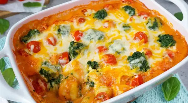 Ein Auflauf mit Gnocchi, Brokkoli und Tomaten in cremiger Sauce, überbacken mit Käse. Perfekt für ein schnelles Mittagessen für Kinder.