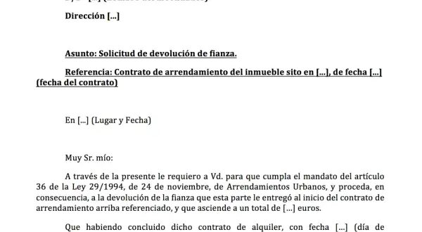 Solicitud de devolución de fianza de alquiler. El documento detalla la referencia del contrato y la petición formal para el retorno del depósito.