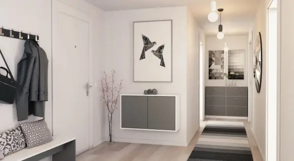Moderne Garderobe Ideen: Hängende Kommode, Sitzbank, Mantel und Tasche an der Wand, Kunst und ein schmaler Teppich.