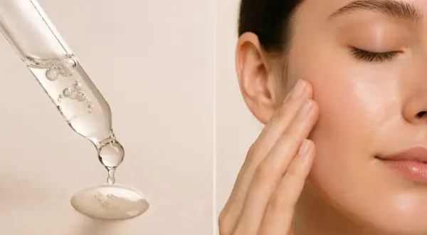 Goutte de sérum sur une pipette et femme appliquant un soin sur sa joue.