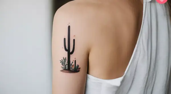 Delikatny kaktus tatuaz na ramieniu, otoczony pustynnymi roślinkami.