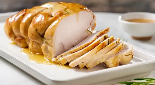 Fesa di tacchino arrosto, affettata e succulenta, servita su un piatto bianco con rosmarino e un piccolo recipiente di sugo.