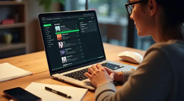 Kobieta szuka sposobu, jak pobrać piosenkę ze Spotify na komputer, przeglądając playlisty na ekranie laptopa.