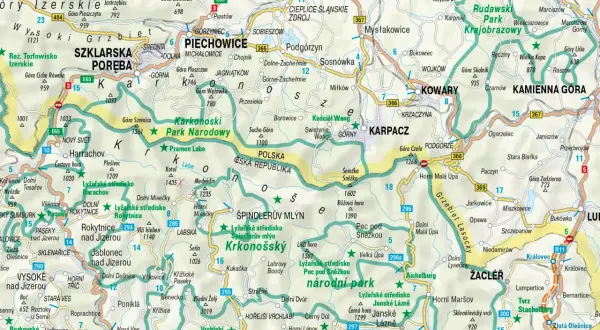 Eine detaillierte **Riesengebirge Karte** mit vielen Ortschaften, Nationalparks und Skigebieten.