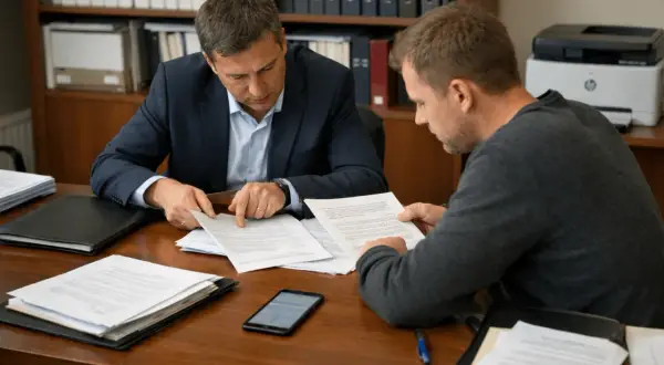 Dwóch mężczyzn analizuje dokumenty, dyskutując o potencjalnym pomówieniu i zniesławieniu.