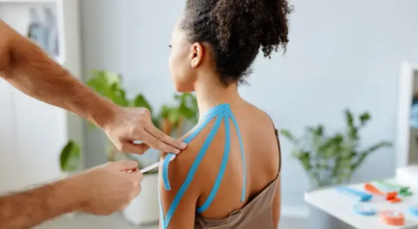 Therapeut klebt blaues Tape auf die Schulter einer Frau, um **Schulterschmerzen im Ruhezustand** zu lindern.