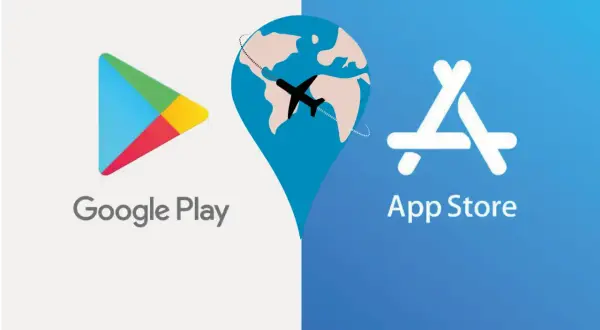 Logos de Google Play y App Store, con un globo terráqueo y avión, representando aplicaciones de viajes.