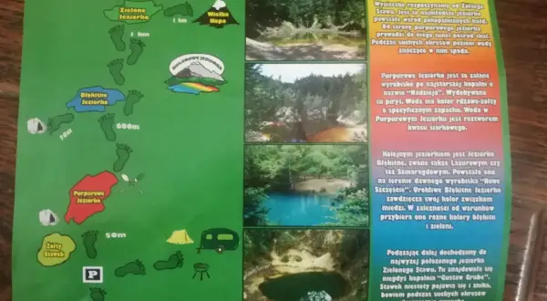 Kolorowe jeziorka: mapa szlaku przez Purpurowe, Błękitne i Zielone Jeziorko.