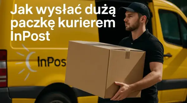 Kurier InPost z dużą paczką gabaryt d obok żółtego busa.